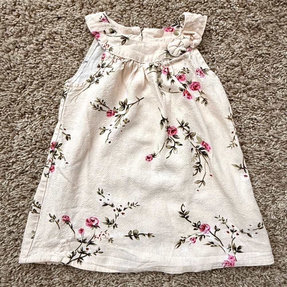 Toddler Floral Dress | Peach/Pink with Pink Roses | Linen Blend | Size 3Y